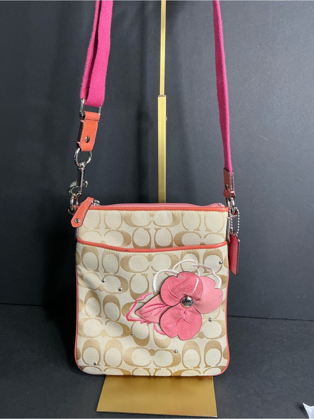 Vintage Coach signature pink and beige floral crossbody bag